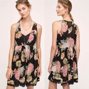 MAEVE Anthropologie Violetta Black Floral Chiffon Lace Trim Mini Dress Small